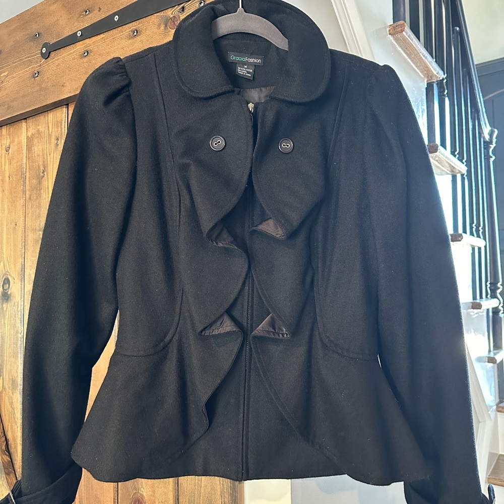 Black wool Ruffle Lady Jacket by Gracia Fashion, size medium.